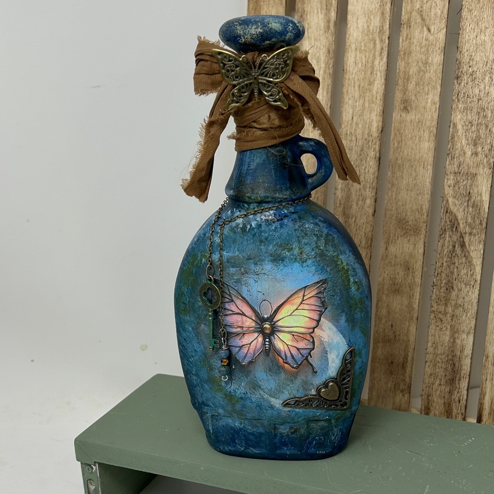 Hand-Painted Blue Butterfly Decorative Bottle - Home Art